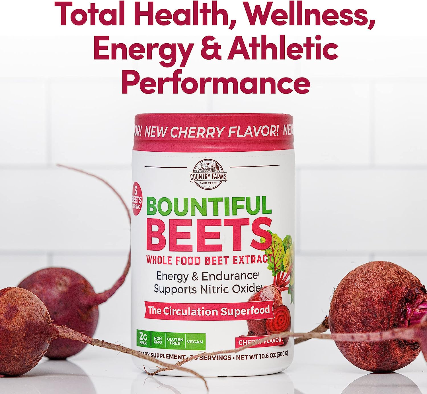 Country Farms Bountiful Beets, Wholefood Beet Extract Superfood, Helps Support Healthy Circulation And Promote Energy, Nitric Oxide Boost, Super Beets, Cherry Flavor, 30 Servings-Stumbit Health